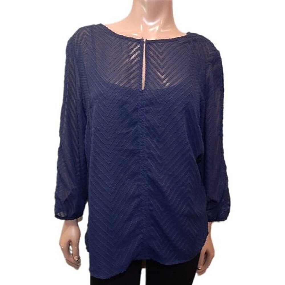 Denver Hayes Sheer Blouse Textured Long Slit Sleeves Chevron Keyhole Top